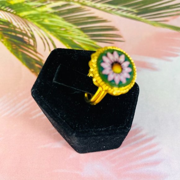 Vintage gold tone Millefiori sunflower adjustable ring mini mosaic One size fits - Picture 3 of 5